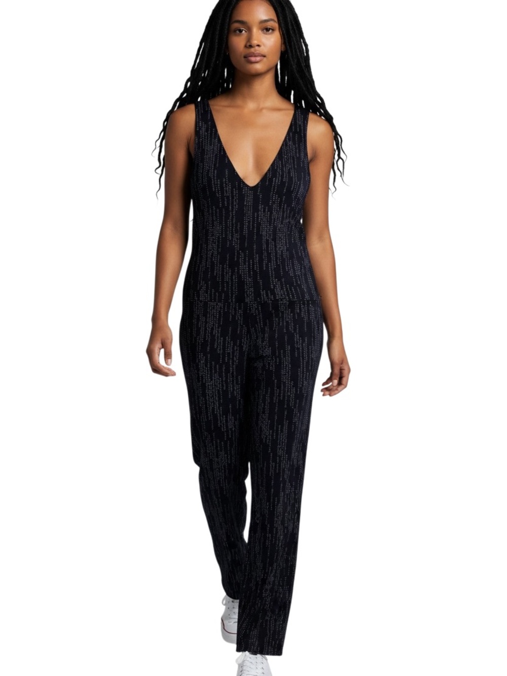 Apt. 9 Black Sleeveless V-Neck Patterned Jumpsuit